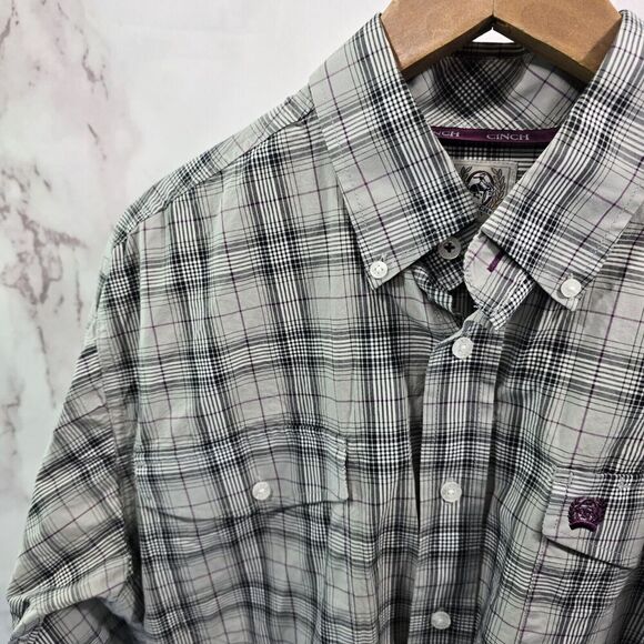 Cinch Shirt Mens Small Gray Button Down Plaid Long Sleeve Purple Black - Picture 2 of 12